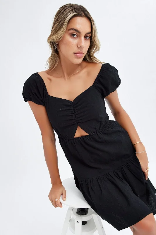 Black Puff Sleeve Cut Out Skater Dress