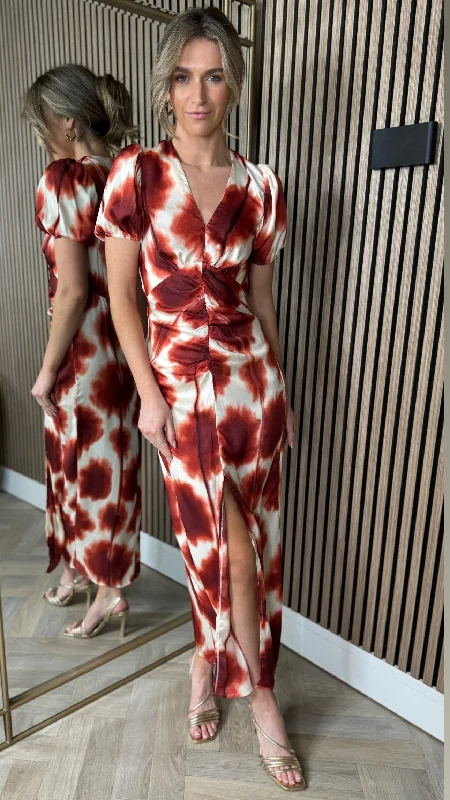 Carlota Rust Printed Puff Sleeve Front Split Midi Dress