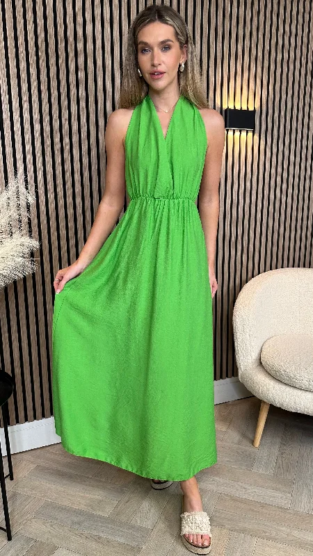 Florie Green Halterneck Tie Detail Midi Dress