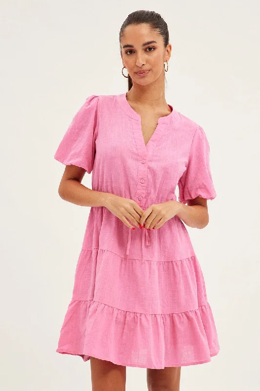 Pink Shirt Dress Short Sleeve V-Neck Tiered