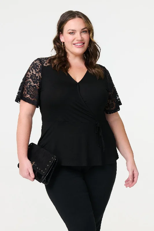 Lace Sleeve V-Neck Peplum Top