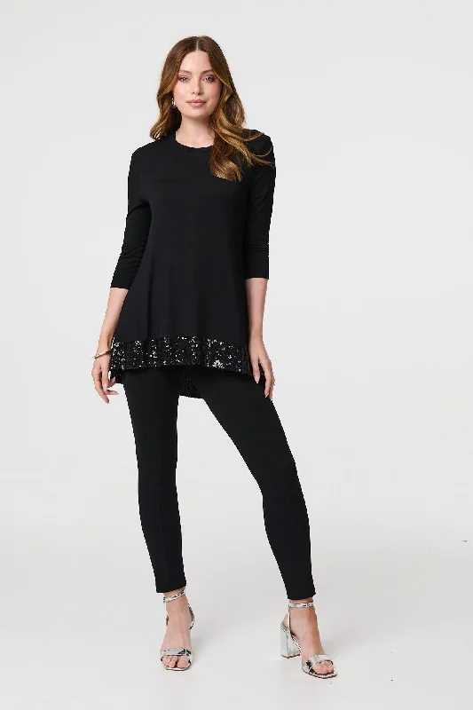 Sequin Trim Longline Jersey T-Shirt