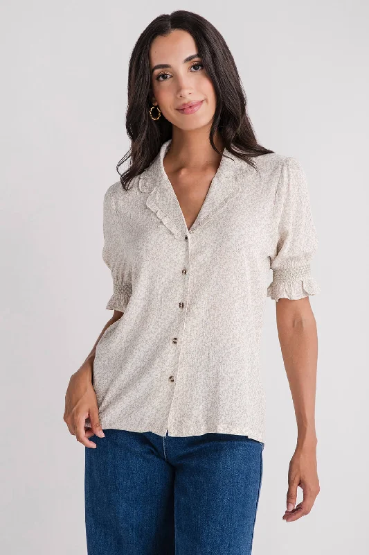 Hem & Thread Ditsy Print Smocked Sleeve Button Down Blouse