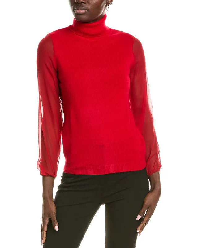 sofiacashmere Chiffon Silk Sleeve Turtleneck Cashmere Sweater