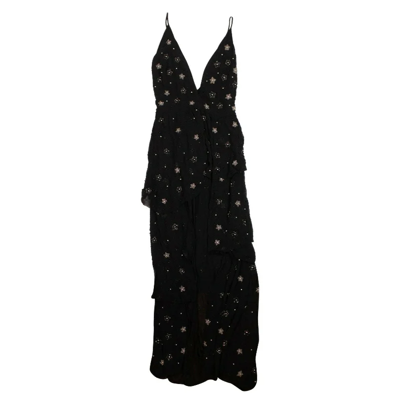 Women's Silk Star Beaded Asymmetric Long Dress -  Black