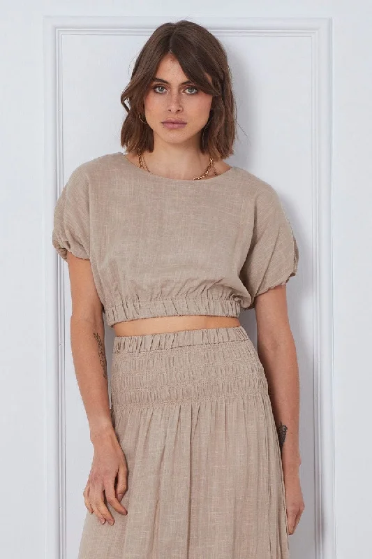 Beige Crop Top Short Sleeve Round Neck Linen