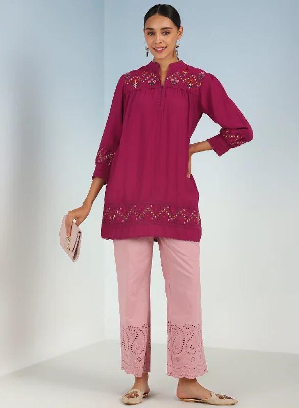 Fuchsia A line Rayon Tunic with Embroidery and Smocking effect Puffed Sleeve