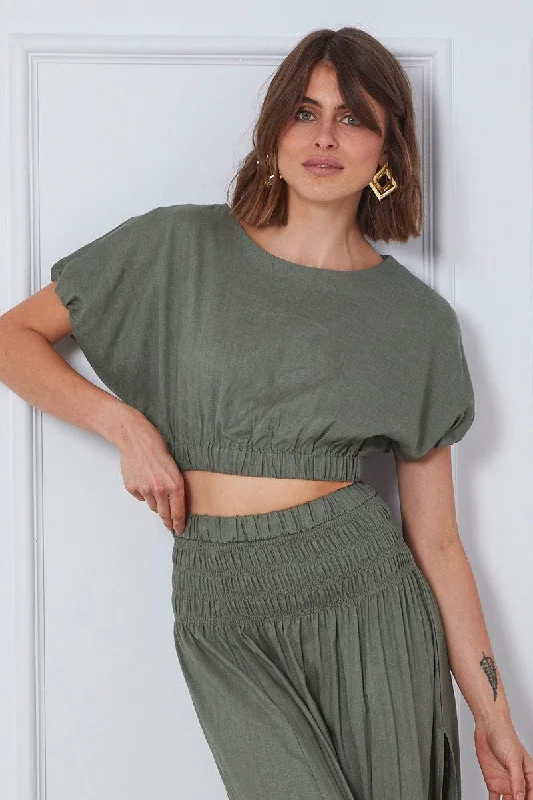 Green Crop Top Short Sleeve Round Neck Linen