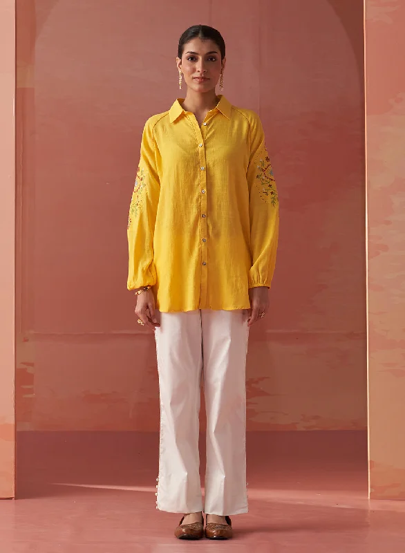 Mayal Yellow Embroidered Cotton Linen Shirt for Women