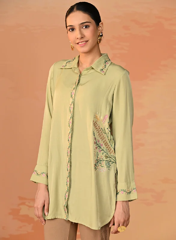 Nausheen Apple Green Embroidered Viscose Shirt for Women