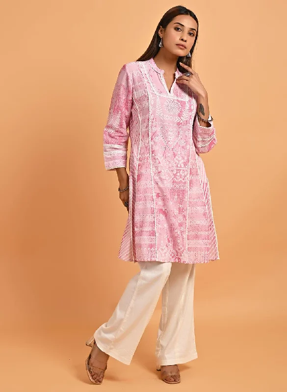 Pink Printed Short Kurti for Women with Lace Detailing