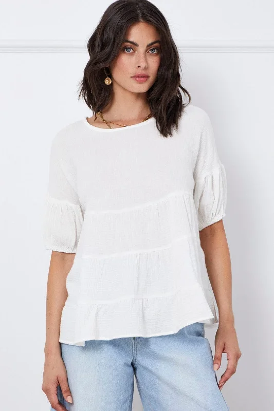 White Relaxed Top Short Sleeve Square Neck