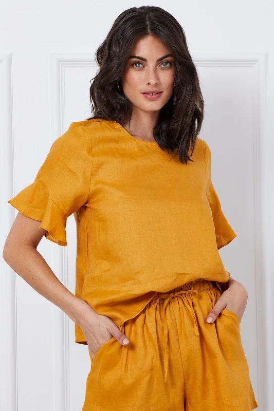 Yellow Crop Top Short Sleeve Relaxed Linen