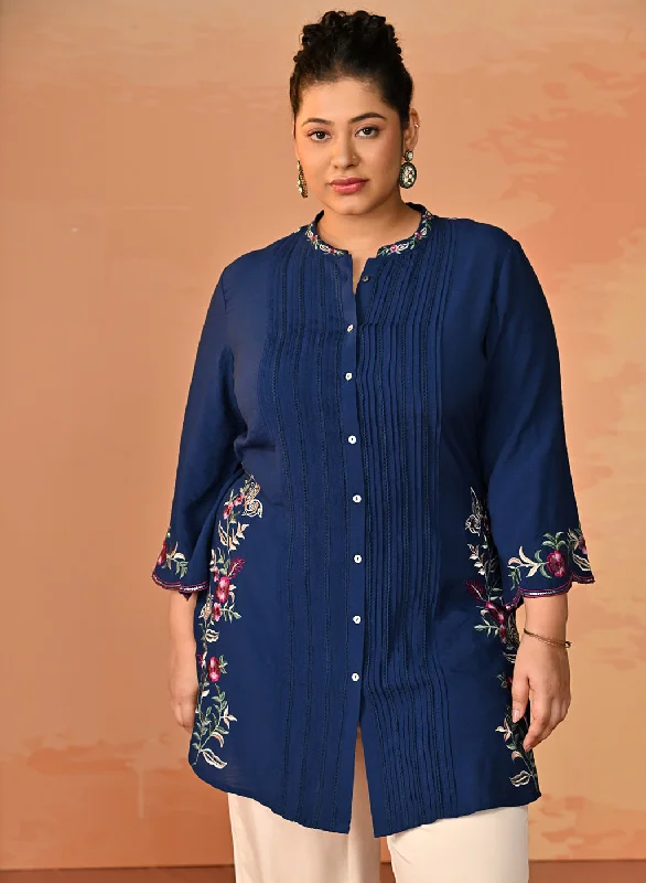 Yumna Navy Embroidered Rayon Shirt for Women