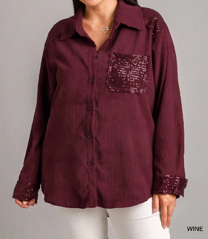 Corduroy Jacket With Sequin Details In Wine