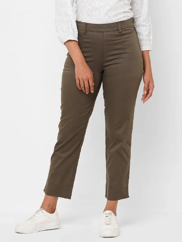 Women's Olive Cotton Lycra Regular Fit Pant