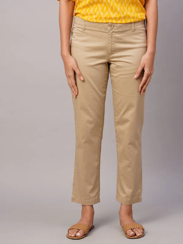 Women's Khaki Cotton Lycra Regular Fit Pant